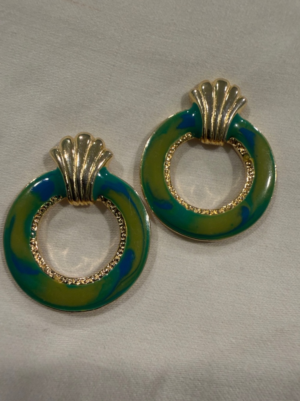 Mystique - Green & Blue Gold-Tone Enamel Hoop Drop Earrings